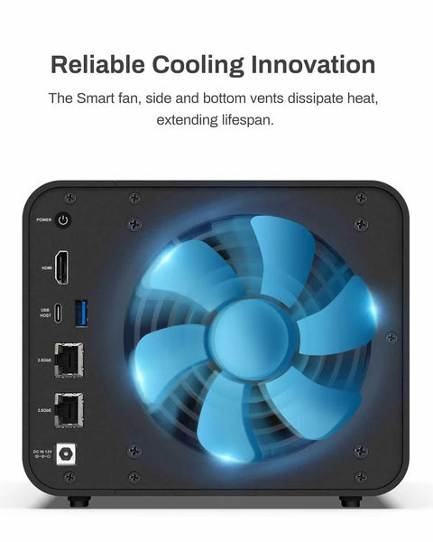 Rock Solid Four Bay Nas Server Built Around A Legit Badass Intel I3 N305 Eight Core Processor With Thirty Two Gigabytes Ddr5 Ram And Dual Two Point Five Gigabit Ethernet For Snappy Speeds Alongside M2 Nvme Ssd Cache Slots In A Clean Diskless Layout showing cooling fan and rear ports.