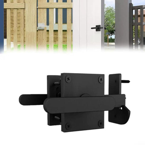 Heavy Duty Double Sided Gate Latch With Flip Lock And Padlock Holes for Rock Solid Yard Security, black aluminum hardware.