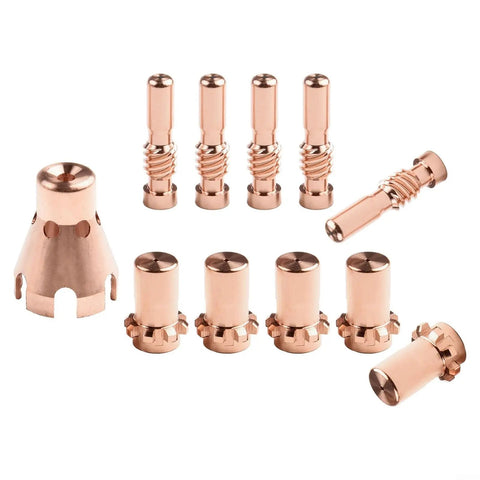 Ultimate 11-Piece Plasma Cutter Tips And Nozzles Kit Made For Procut 55 And 80 Series Machines showing copper nozzles and electrodes.