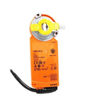 Built Tough Modulating Damper Actuator With Rock Solid 2Nm Torque And Dual AC DC 24V Support For Smooth HVAC Duct Management Featuring Precise Position Feedback For No Fuss Quick Setup, orange actuator with yellow adjustment dial.
