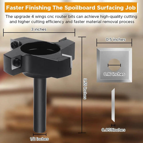 Half Inch Shank CNC Spoilboard Surfacing Router Bit With Three Inch Cutting Diameter Four Wing Design and Replaceable Carbide Inserts