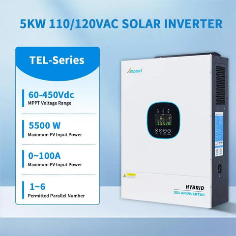 Side view of 5000W Pure Sine Wave Solar Inverter 48V DC To 120V AC with Built In 100A MPPT Controller and specifications panel.