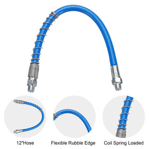 12-inch hose from Grease Gun Tips Kit With 12-Inch Hose And Quick Connect, 12-Piece Precision Needle Tips, Pro Grade Coupler, Rubber Adapter, And 6 Hydraulic Fittings For Auto, Tractor, And Industrial Lubrication