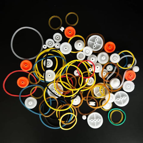 84 Piece Belt Pulley Set For 2mm Shafts With Rubber Bands Plastic Pulleys In Eight Sizes And Four Band Sizes Ideal DIY Model Kit
