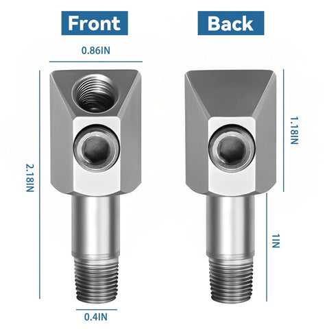 Front and back view of Oil Pressure Sensor Thread Adapter With Dual 1/8-27 NPT Ports 45 Degree And 90 Degree Angles for GM Chevy 305 350.