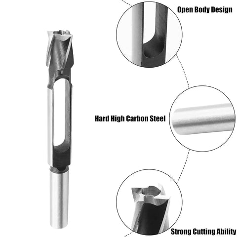 Close-up of Heavy Duty Wood Plug Cutter Drill Bit Set Featuring Four Sizes For Nailed It Furniture Fixes Built Tough As Nails From Premium Carbon Steel.