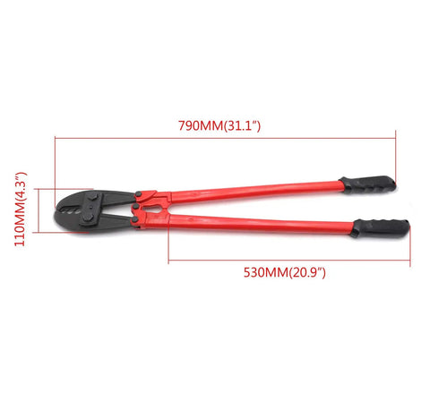 30 Inch Hand Swager Swaging Crimping Tool For Wire Rope Cable 5/32 Inch 1/4 Inch And 5/16 Inch Durable Forged Alloy Steel Heavy Duty Cutter And Crimper with red handles and measurement markings