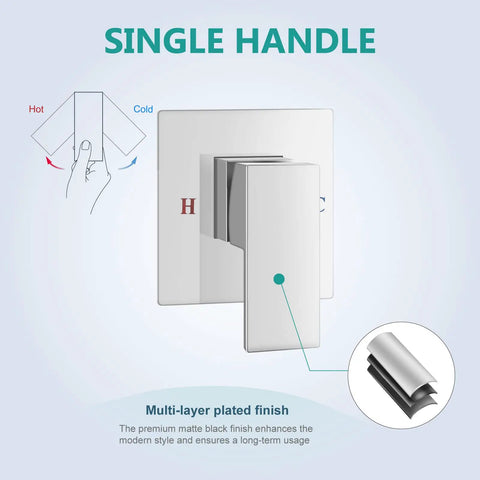 Wall Mount Bathroom Faucet With Waterfall Spout, Brass And Polished Chrome Finish, Single Handle detail showing hot and cold labels.