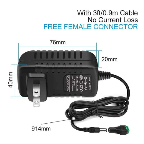 12V DC Power Supply For LED Strips 2A 24W Switching Adapter with dimensions and free female connector displayed