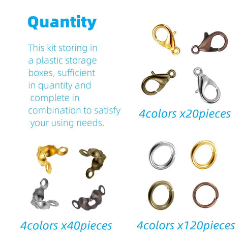 All-In-One Jewelry Making Kit Packed With 720 Pieces Of Findings Including Lobster Claw Clasps, Bead Tips, Knot Covers, Open Jump Rings.