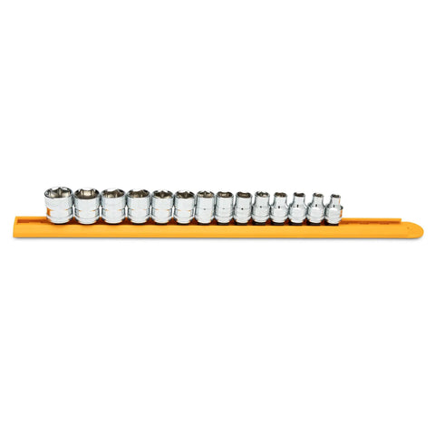 Fourteen Piece Three Eighths Inch Drive Six Point Socket Set Metric Pro Grade Chrome Plated Alloy Steel With Chamfered Openings And Large Hard Stamped Size Markings displayed on an orange clip rail