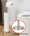 Freestanding Toilet Paper Holder With Four Roll Reserve SUS304 Stainless Steel Base Brushed Nickel Finish beside toilet
