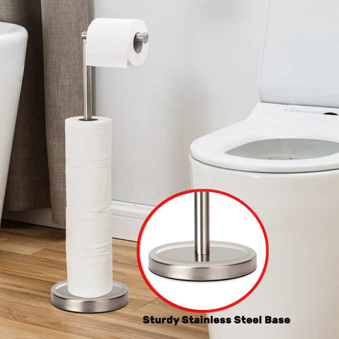 Freestanding Toilet Paper Holder With Four Roll Reserve SUS304 Stainless Steel Base Brushed Nickel Finish beside toilet