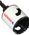 Lenox bi-metal hole saw with arbor, 1-7/8 in diameter, silver housing with red Lenox logo and black teeth