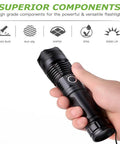 Hand holding 10000 Lumen Tactical Flashlight With Rechargeable Battery, Five Modes, Zoomable Beam, Waterproof Workhorse