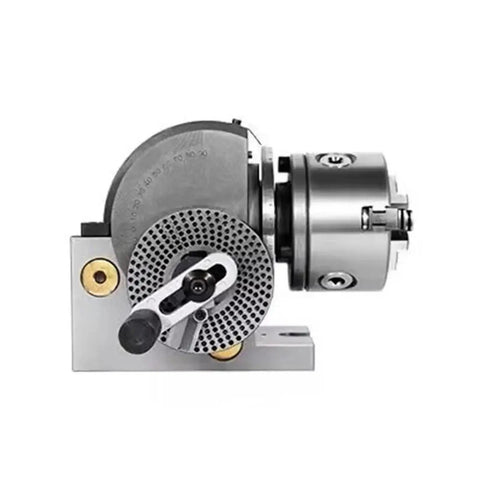 4 Inch Dividing Head With Three Jaw Chuck And Tailstock Built Tough Precision Semi Universal Rotary Table For Milling Machines side view showcasing chuck and base design.