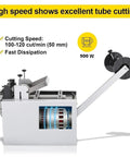 Automatic Heat Shrink Tube Cutting Machine Slick Cable Pipe Trimmer showing cutting speed and motor details for efficient tubing.