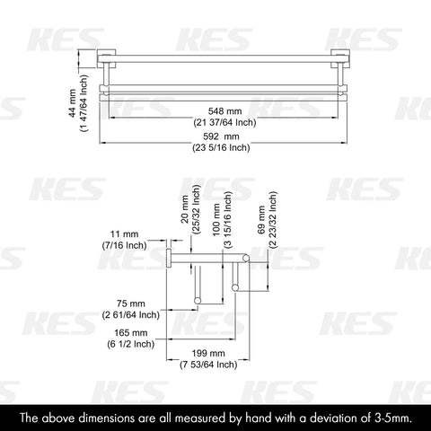 Dimensions of Rustproof Double Towel Rack With 23.3 Inch Wall Mount Shelf In SUS304 Stainless Steel Brushed Finish