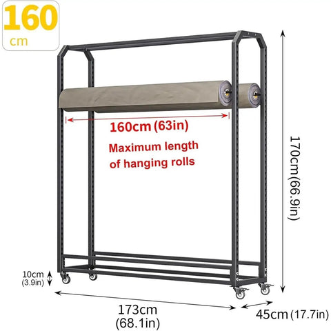 Dang Sturdy Heavy Duty Vinyl Roll Storage Rack with dimensions 173cm x 170cm, showing adjustable bars for organized fabric storage.