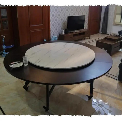Massive Wooden Lazy Susan Turntable 50 Inch Round Rotating Serving Tray For Dining Table And Kitchen Counter in modern home setting.