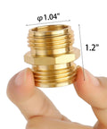 Close-up of Pro Grade Brass Garden Hose Quick Connectors 3/4 Inch Double Male Adapters; dimensions noted