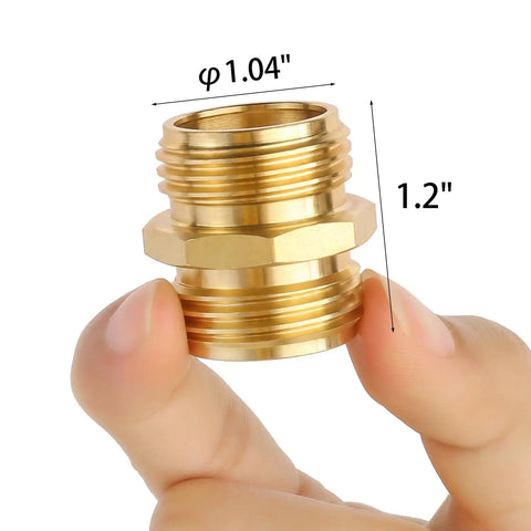 Close-up of Pro Grade Brass Garden Hose Quick Connectors 3/4 Inch Double Male Adapters; dimensions noted
