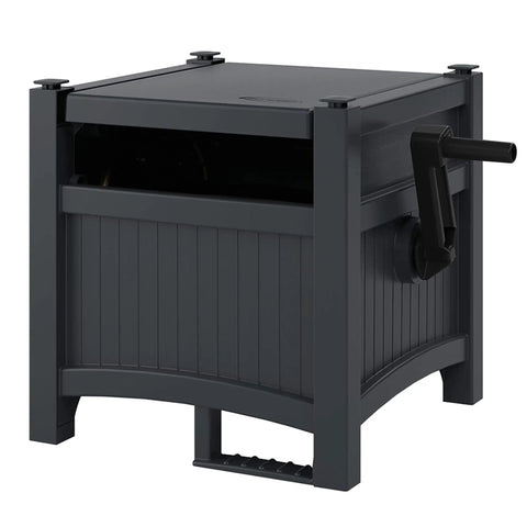 Hose Hideaway Storage Reel Box in Cyberspace Grey durable resin container for outdoor use, holds up to 100 ft of vinyl hose