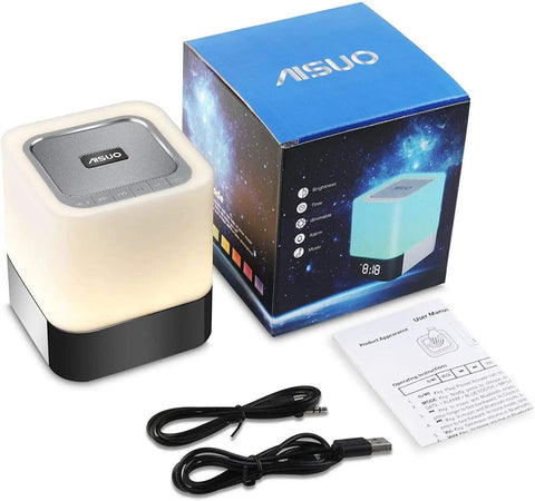 All In One Night Light Bedside Lamp With Bluetooth Speaker Digital Alarm Clock Touch Control And 48 Color RGB LED Lights Dimmable TF SD Card Music Player Warm White Glow 12 24 Hour Time Ideal Gift For Teens next to packaging and cables