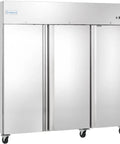 Premium Commercial Reach In Beverage Merchandiser With Three Swing Solid Doors And Sleek Stainless Build, 81 inch wide.