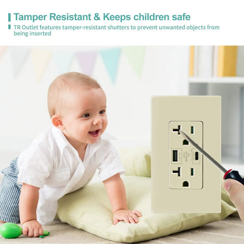 High Speed USB C Wall Outlet With Type C Fast Charge 4.8A 20 Amp Tamper Resistant Receptacle Childproof Ivory