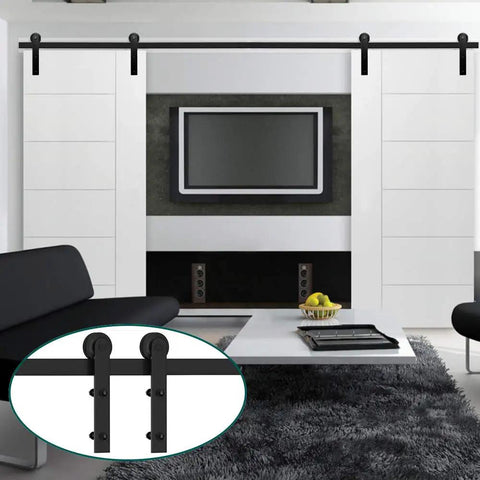 Heavy Duty Barn Door Hardware Kit For Double Sliding Doors Nine Point Six Feet Matte Black Carbon Steel Track System in modern living room.