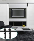 Heavy Duty 9 Foot Sliding Door Hardware Kit For Double Barn Doors With Smooth Gliding Track, installed in modern living room.