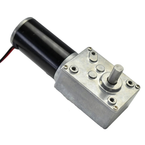 CHANCS DC motor with metal gearbox, side view; 12V, 9RPM worm gear, output shaft visible