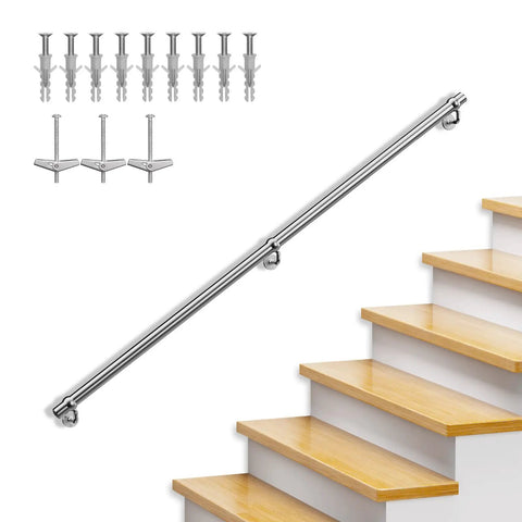 Top Shelf 6ft Wall Mounted Stair Handrail Kit Built Tough With Rust Proof 304 Stainless Steel, includes mounting hardware and installed on stairs.