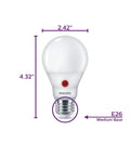 Frosted Dusk-To-Dawn A19 LED Bulb 800 Lumen Non Dimmable 2700K Soft White 8.8W Equivalent To 60W E26 Base dimensions shown