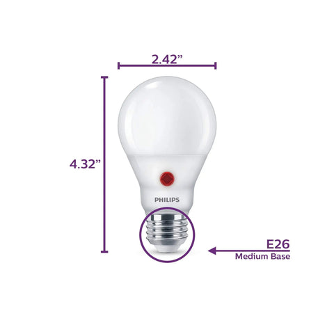 Frosted Dusk-To-Dawn A19 LED Bulb 800 Lumen Non Dimmable 2700K Soft White 8.8W Equivalent To 60W E26 Base dimensions shown