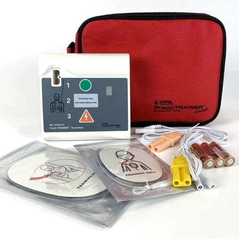Front view of WNL Practi-Trainer AED training kit in red case with discs, cables, and 200 shields