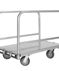 Heavy Duty Steel Platform Truck 2500 Lbs Capacity With Four Swivel Casters and triple side handrails, 24 x 36 in size.