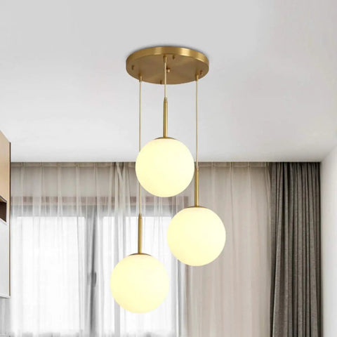 Three Head Brass Pendant Light Fixture With Cream Glass Shades, Modern Cluster Ceiling Light For Kitchen Island And Bedroom