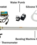 Components of 125cm Heavy Duty Acrylic Plastic Bender Heater Strip including pump, thermostat, silicone tubes, and thermometer.