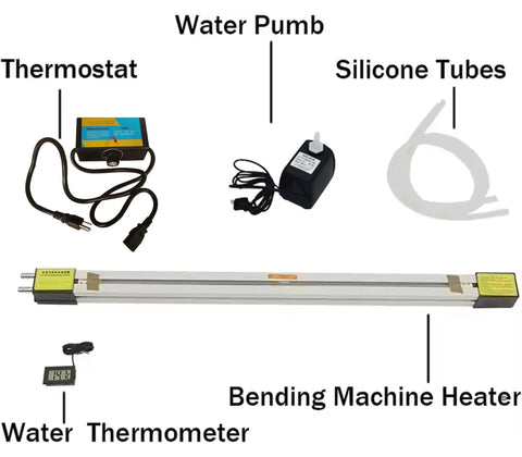 Components of 125cm Heavy Duty Acrylic Plastic Bender Heater Strip including pump, thermostat, silicone tubes, and thermometer.