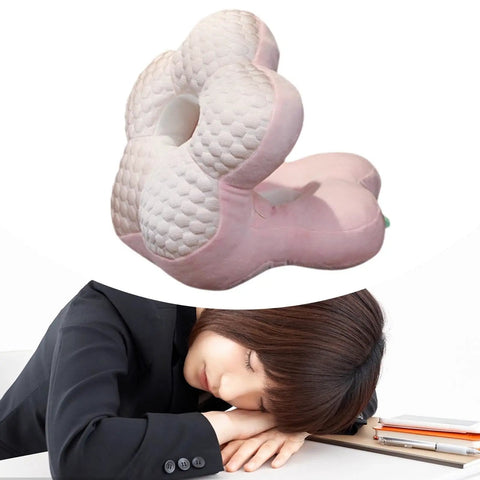 Go-To Travel Napping Pillow With Face Cradle in use, supporting a person's head comfortably, ergonomic design visible