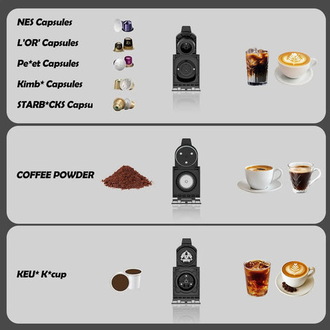 Game Changing Espresso Machine With Automatic Milk Frother And Capsule Coffee Maker showcasing various coffee capsules and cups.