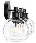 Side view of three Light Industrial Vanity Fixture in Matte Black with clear glass globes for a modern rustic vibe
