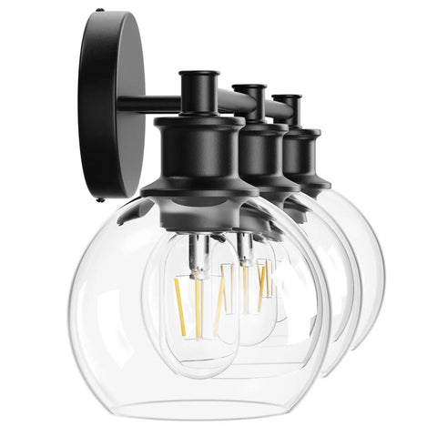 Side view of three Light Industrial Vanity Fixture in Matte Black with clear glass globes for a modern rustic vibe