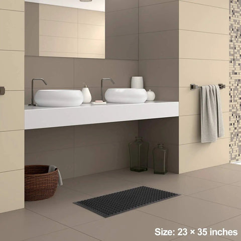 Heavy Duty Commercial Rubber Floor Mat Featuring Hexagonal Drainage Cutouts For Garage And Shop Kick Ass Non Slip Oil Grease Resistant Tough As Nails Level, 23x35 inches, in a modern bathroom setting.