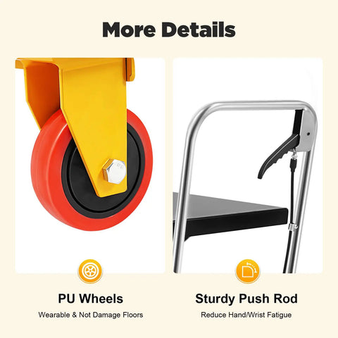 Heavy Duty Hydraulic Lift Table Cart With Smooth Rolling Locking Casters And Quick Fold Design, PU wheels and sturdy push rod for easy use.