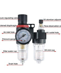 Duplex Pneumatic Filter Regulator With Automatic Drain For Air Compressors showing labeled features like pressure gauge and oil mist cup.