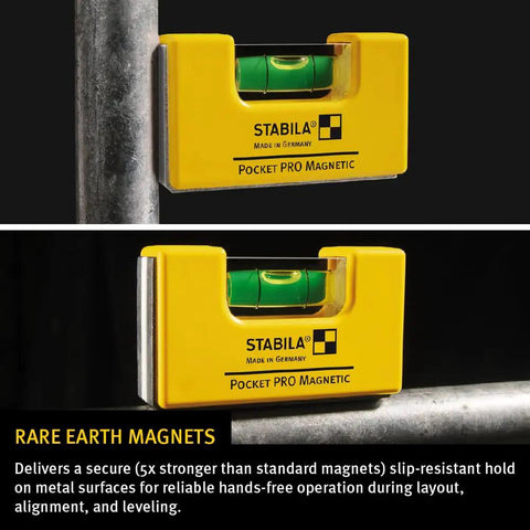 Magnetic Pocket Level Pro on metal surface, mini aluminum frame, two precision milled surfaces, V groove for flat and round surfaces
