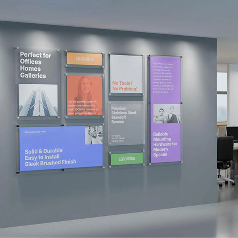 Acrylic signs mounted with 12-Pack Stainless Steel Sign Standoff Screws With Wall Anchors And Rubber Pads For Acrylic Signs, Photo Frames, And Advertising Boards.